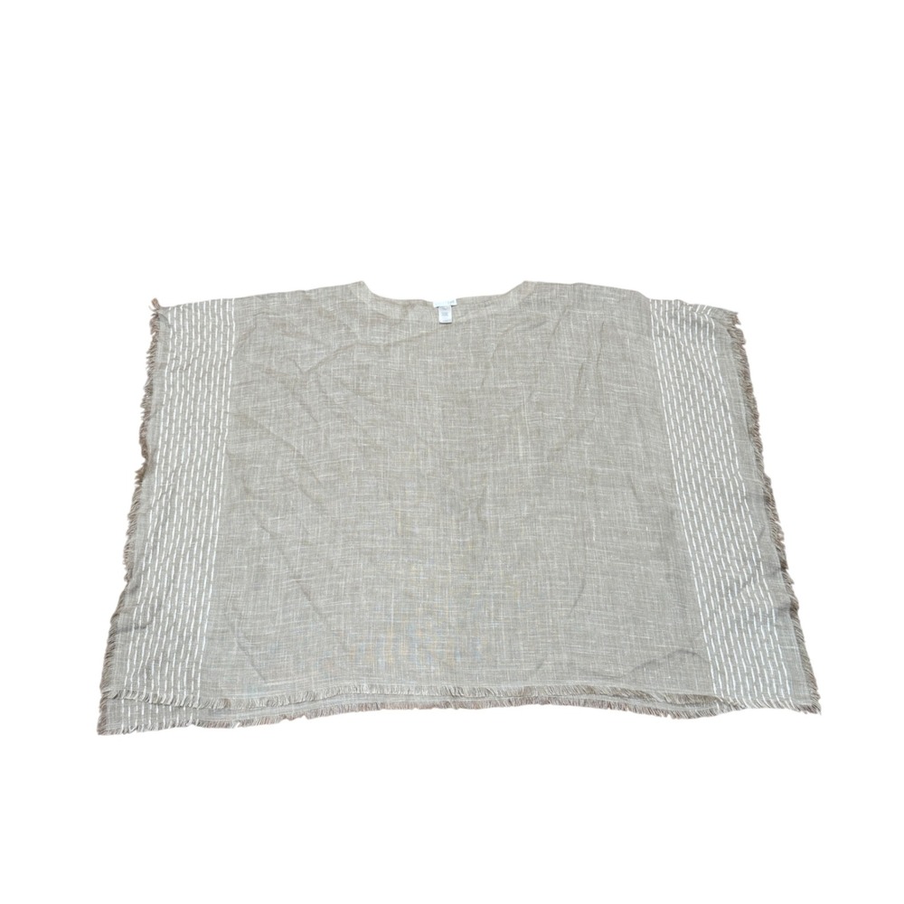 J. Jill Women Linen Blend Fringe Poncho Top Beige Tan Embroidered One Size Light